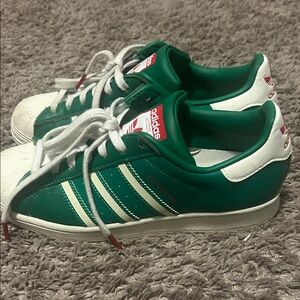 Adidas Superstar Green and White Shoes (Size 7)